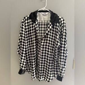 VTG SLB By Sunny Leigh Button Up Blouse Womans SZ M Silky Checkered Beaded Retro